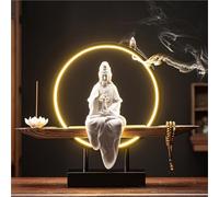 Estatua Buda De Cerámica Kwan Yin Con Quemador De Incienso De Reflujo Luz Led Decoración Zen Hecha A Mano Meditación Yoga Relajación Casa Oficina(B)