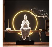 Estatua Buda De Cerámica Kwan Yin Con Quemador De Incienso De Reflujo Luz Led Decoración Zen Hecha A Mano Meditación Yoga Relajación Casa Oficina(H)