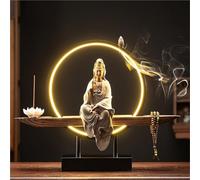 Estatua Buda De Cerámica Kwan Yin Con Quemador De Incienso De Reflujo Luz Led Decoración Zen Hecha A Mano Meditación Yoga Relajación Casa Oficina(E)
