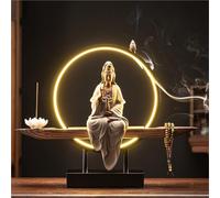 Estatua Buda De Cerámica Kwan Yin Con Quemador De Incienso De Reflujo Luz Led Decoración Zen Hecha A Mano Meditación Yoga Relajación Casa Oficina(A)