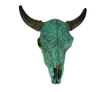 Estatua colgante de calavera de toro tallada tribal con dise o floral de color turquesa de resina DE LEON