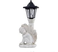Estatua de ángel alimentada por energía solar con columna romana de resina para jardín, resistente a la intemperie, adorno conmemorativo suave gris brillante para escultura para patio al aire libre o