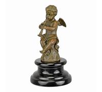 Estatua de bronce con flauta sentada de Putto tocando - Escultura clásica de querubín de 7.1 pulgadas sobre base de mármol natural | Hecho a mano en Grecia | Fundición de bronce real de cera perdida