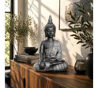 Estatua de Buda sentada de hormigón/Piedra Artificial Feng Shui para jardín 45 cm de Altura Plata Negro Gris