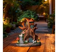Estatua de casa de árbol alimentada por energía solar, adorno colorido de resina LED para exteriores, decoración de jardín de hadas resistente a la intemperie con figuras de conejo para camino de