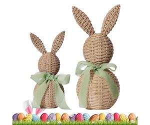 Estatua de Conejo 2 Piezas Lindas Rústicas de Resina con Efecto Ratán | Figuras Decorativas y Coleccionables de Conejos de Pascua para Hogar, Oficina, Mesa, Escritorio, Estante, Inauguración, Verde