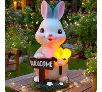 Estatua de conejo alimentada por energía solar con tulipán LED, adornos de jardín de resina, impermeables, decoración al aire libre para patio, césped, patio, arte, regalos de Pascua, 9.06 pulgadas