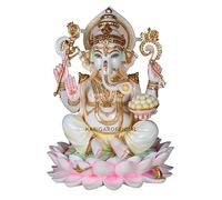Estatua de Ganesha Murti sentada en flor de loto, figura de ganpati de hoja dorada, gran deidad de ganapati ídolo de vinayak, gran dios de elefante blanco indio, escultura de regalos de inauguración