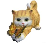 Estatua de gato al aire libre resina alimentada por energía solar para escultura, estaca de jardín de mariposa pintada a mano para parterres, decoración de caminos, 22 x 11 cm (gatito amarillo)