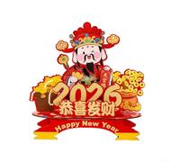 Estatua de madera de Caishen 2026 Año del Caballo Decoración de Dios de la Suerte con cabeza agitadora Base giratoria Rojo Dorado Centro de mesa de Año Nuevo chino para decoración de mesa de