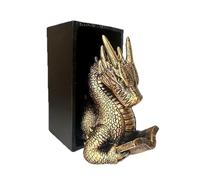 Estatua dorada del dragón de lectura, extremo del libro del dragón, tapón del libro del dragón de lectura, figura de dragón de fantasía de estilo antiguo, decoración de criatura mítica medieval