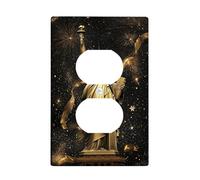 Estatua dúplex cubierta de toma de corriente, placa de pared patriótica festiva fuegos artificiales estrellas 4 de julio, plástico dorado, tamaño estándar, doble toma de corriente para el hogar, sala