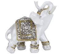 Estatua elegante de resina Feng Shui, escultura dorada, figura de elefante de la suerte de la riqueza con el maletero mirando hacia arriba para la decoración del hogar (Gold Flower Porcelain M)