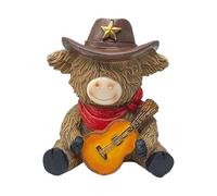 Estatua en miniatura de resina de vaca de tierras altas con sombrero occidental, adorno para estanterías, repisas, decoración temática de fiesta, regalo, de vaca de tierras altas con sombrero