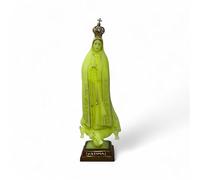 Estatua luminosa de Nuestra Señora de Fátima, 27 cm, blanco y azul claro con detalles dorados, figura religiosa pintada a mano, resina, brilla en la oscuridad, corona extraíble, fabricada en Portugal