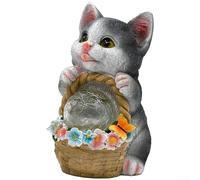 Estatua solar de gato de jardín, 1 pieza de adorno de animal de resina con acabado pintado a mano amarillo gris, bola iluminada solar para decoración de patio al aire libre o patio (Ash)