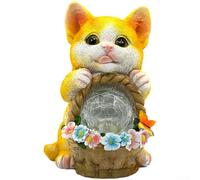Estatua solar de gato de jardín, 1 pieza de adorno de animal de resina con acabado pintado a mano amarillo gris, bola iluminada solar para decoración de patio al aire libre o patio (amarillo)