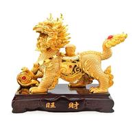 Estatuas doradas de Feng Shui Chi-Lin, adorno de fuego Kylin de 13 pulgadas para riqueza y prosperidad, figura de buena suerte, decoración del hogar y regalo de espíritu guardián femenino