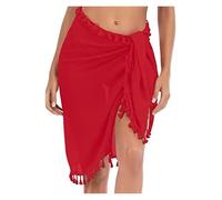 ESTDKMNOS Vestidos de Playa, Encubrimiento de Pareo Playa for Mujer - Bufanda con Falda Envolvente Bikini Transparente Borla, Multicolor(Red-Tassel)