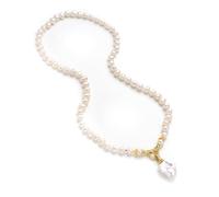 Este collar de perlas naturales de agua dulce cuenta con un colgante barroco rosa de 8-9 mm y un cierre de circonita cúbica dorada con una longitud total de cadena de aproximadamente 59,7 cm. Es una