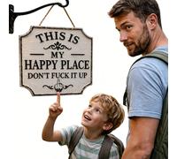 ¡Este es mi lugar feliz Divertido cartel de jardín de metal con cuerda colgante, cartel de bienvenida cuadrado para decoración exterior, señales vintage divertidas con mensaje para hogar, jardín