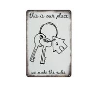 Este es nuestro lugar, nosotros hacemos las reglas, doodle "Mudarse juntos", póster de inauguración de la casa, placa de metal, cartel vintage, cultura, decoración de pared, aluminio, jardín, restau