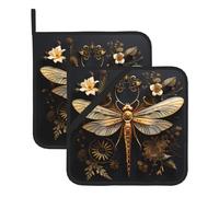 Este juego de 2 alfombrillas doradas con exquisito patrón de libélula resistente al calor es perfecto para hornear, asar y cocinar todos los días.