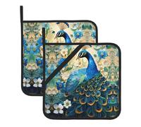 Este juego de 2 alfombrillas resistentes al calor con diseño de pavo real azul de pie entre flores es perfecto para hornear, asar y cocinar todos los días.