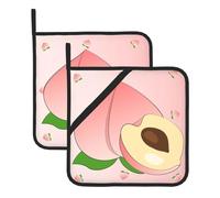 Este juego de 2 alfombrillas resistentes al calor con patrón de melocotón de dibujos animados es perfecto para hornear, asar y cocinar todos los días.