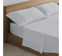 ESTELIA - Juego sábanas 100% algodón 300 Hilos - Efecto listado Color Perla - Cama de 200 (4 Piezas) - Bajera Alto 35 cm - Satén de algodón - Suave y Elegante