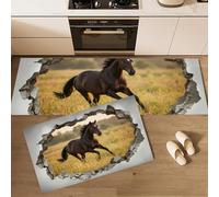 Estera De Cocina Felpudos Agujero En La Pared Con Ilusión Óptica, 2 Pieza Alfombras Cocina Lavable Antideslizante Alfombrillas Cocinas - Caballos De Pradera Al Galope (Gris Claro,50×80Cm+50×120Cm)