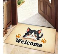 Estera Esponja 3D Antideslizante y Antideslizante, diseño de Gato de Dibujos Animados con Texto de Bienvenida y patrón de Huellas de Pata, inicio-40x60cm