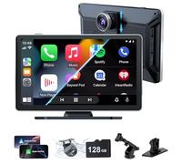 Estéreo inalámbrico para coche, audio portátil de 9 pulgadas, pantalla de coche con cámara dual 4K frontal + trasera 1080P, CarPlay inalámbrico con enlace de espejo/S-iri/AUX/128G SD
