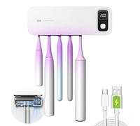 Esterilizador Cepillos de Dientes UV con Secado Ventilador, Pantalla LED Soporte Porta Higienizador Pared sin Taladro, USB-C Autoencendido para 5 Cepillos Eléctricos y Manuales, Accesorios para Baño