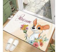 Esterilla de Bienvenida 3D de Dibujos Animados con Perro y Flores - Esponja Gruesa Antideslizante, poliéster Lavable en Lavadora Tanto en Interior/Exterior como en interior-60x90cm