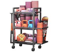 Esterilla de yoga, estante de almacenamiento, accesorios de fitness, organizador para mancuernas, pesas rusas, esteras, 3 pisos con ruedas, negro, 46 x 33 x 86 cm