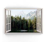 Estika 5976A_1L - Cuadro en lienzo con ventana (90 x 60 cm, 1 pieza, tamaño XXL, decoración moderna para sala de estar, diseño abstracto de montañas, bosque, lago