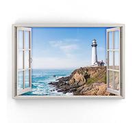 Estika - Cuadro sobre lienzo con vista de ventana - faro, mar - 90 x 60 cm - 1 pieza, decoración moderna para salón, dormitorio, paisajes naturales - 5961B_1L