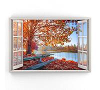 Estika - Lienzo con vistas a la ventana - Bosque, otoño, lago - 120 x 80 cm - 1 pieza mural, cuadro sobre lienzo, decoración moderna para salón dormitorio - Imágenes de paisajes naturales - 5973A_1B