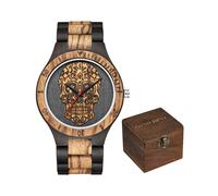 (Estilo 1 con caja) Reloj de madera con calavera para hombre, esqueleto grabado, estilo punk rock mexicano.