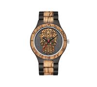 (Estilo 1) Reloj de madera con cabeza de calavera para hombre, esqueleto grabado, estilo punk rock mexicano,