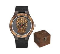 (Estilo 2 con caja) Reloj de madera con calavera para hombre, esqueleto grabado, estilo punk rock mexicano.