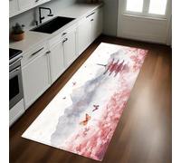 Estilo Acuarela Alfombra Cocina 60 x 180 cm Torre del Atardecer y Cerezos en Flor Antideslizante y Lavable, Impermeable, Resistente, Fácil de Limpiar y Antimanchas