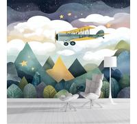 Estilo acuarela de cuento de hadas Aviones, montañas y bosques Papel Pintado Fotográfico 200x140cm, Diseño Poster Imagen Moderno Mural Verde para Decoración de Dormitorio Infantil