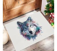 Estilo Acuarela Felpudo Antideslizante - Cabeza Lobo Salpicada Tinta Colores Trampa de Tierra Felpudo Exterior e Interior para una Entrada Limpia - Fácil de Cuidar - Blanco