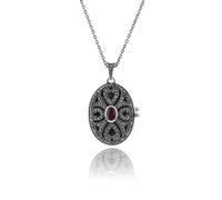 Estilo Art Nouveau Ovalado Granate Y Marcasita Medallón Colgante En 925 Plata