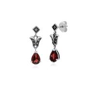 Estilo Art Nouveau Pera Granate Y Marcasita Gota Pendientes En 925 Plata de Ley