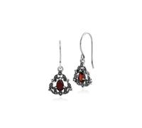 Estilo Art Nouveau Pera Granate Y Marcasita Gota Pendientes En 925 Plata Ley