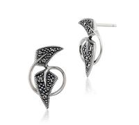 Estilo Art Nouveau Redondo Marcasita Pendientes de Presión En 925 Plata de Ley