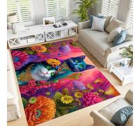 Estilo Arte Fantástico Alfombra Salon - Gatos Lindos Flores Silvestres Grande Alfombra Lavable Alfombras De Dormitorio De Pelo Corto Para Comedor Salón Comedor Antideslizante Rubor En Polvo 90×150Cm